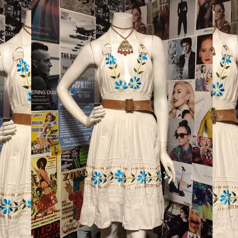 SOLD Beach Halter Dress in Cream w Blue/Green Detail